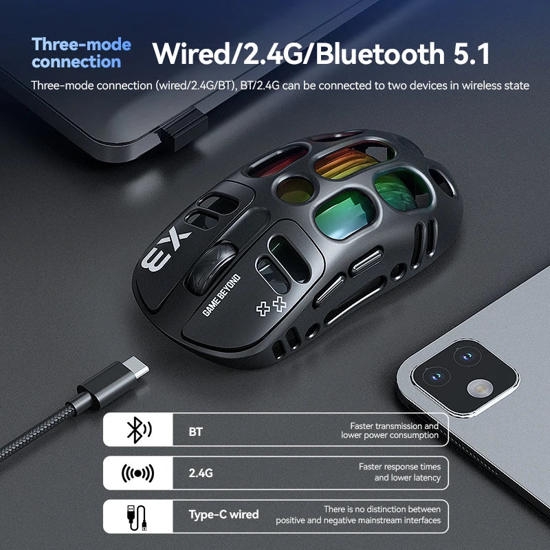 T-WOLF X3 Tri-mode Gaming Mouse 1K Polling Rate 8000DPI RGB Lightweight Ergonomic BT 2.4G Wireless Mice For PC Laptop Gamer
