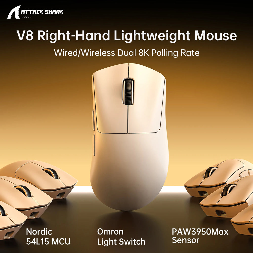 ATTACK SHARK V8 Dual 8K Gaming Wireless Mouse, PAW3950MAX 42K DPI, 8000Hz, 59g Lightweight Ice-Cool Coating, Nordic 54L15 MCU