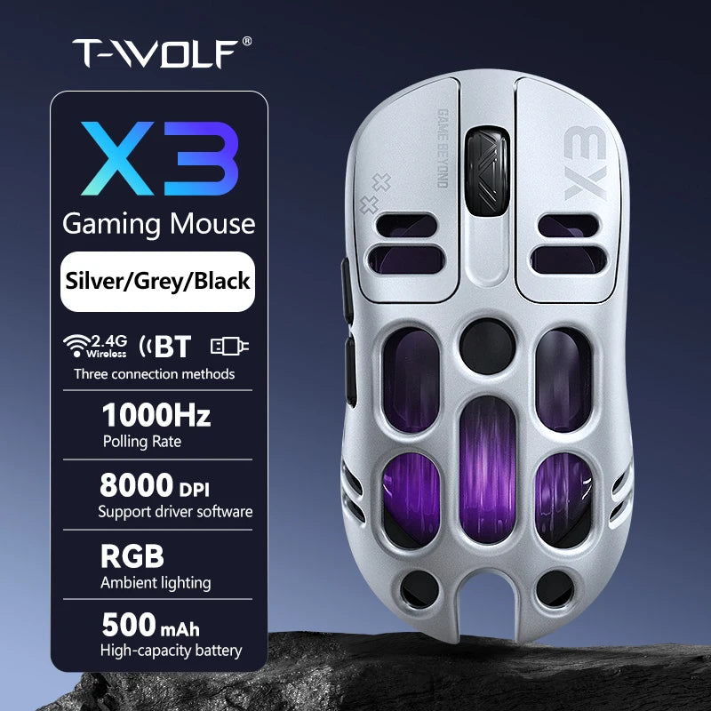 T-WOLF X3 Tri-mode Gaming Mouse 1K Polling Rate 8000DPI RGB Lightweight Ergonomic BT 2.4G Wireless Mice For PC Laptop Gamer