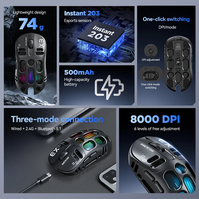 T-WOLF X3 Tri-mode Gaming Mouse 1K Polling Rate 8000DPI RGB Lightweight Ergonomic BT 2.4G Wireless Mice For PC Laptop Gamer